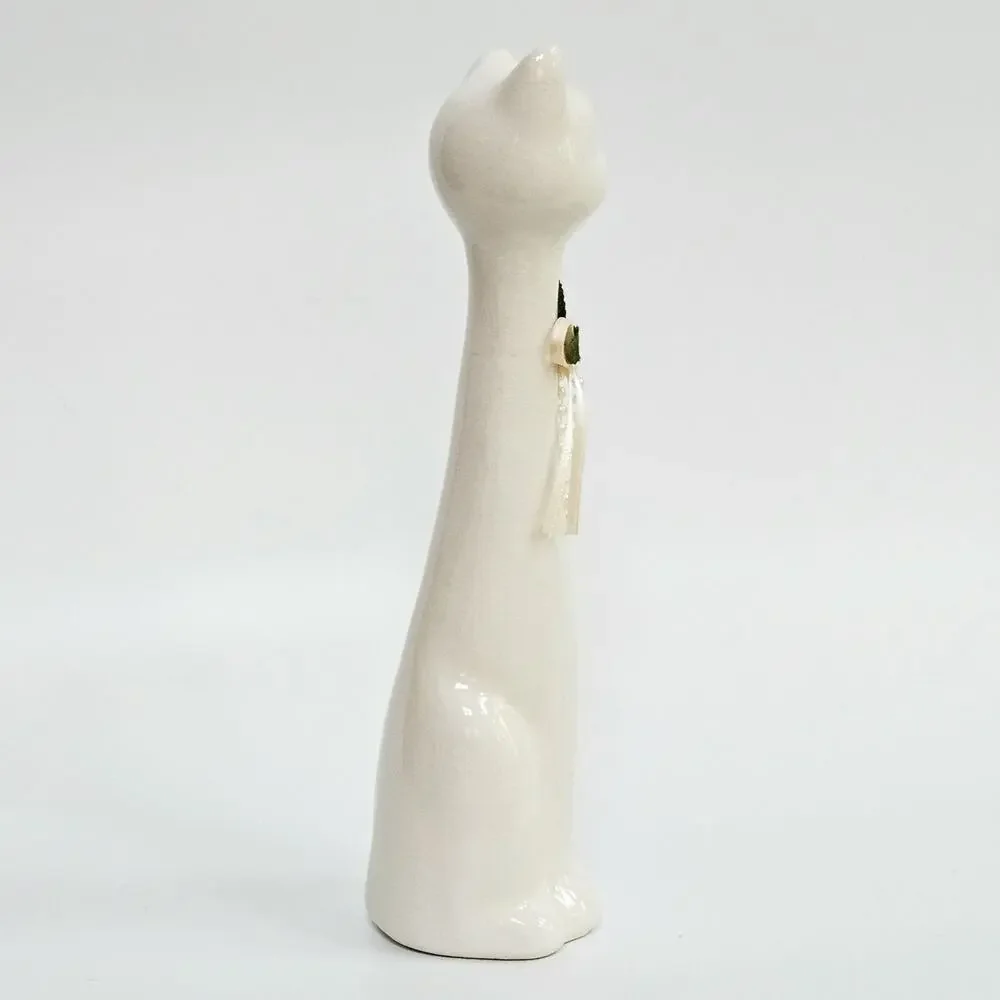 Vintage White Ceramic Cat Figurine | 10 Inch Tall Mid Century Modern Statue
